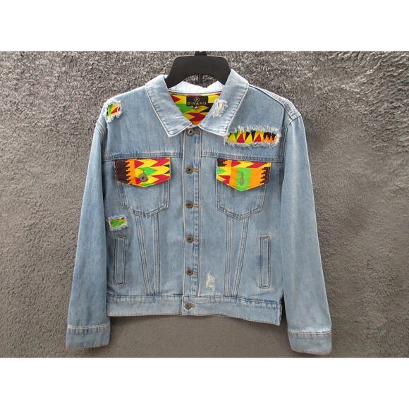D'Iyanu Women's Small African Traditional Print Distressed Denim Jacket - Picture 1 of 15